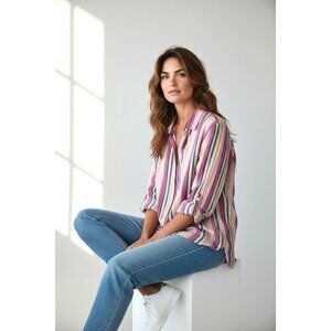 Rails Sydney Avila Stripe Button Down Metallic Shirt Lightweight Linen Blend L